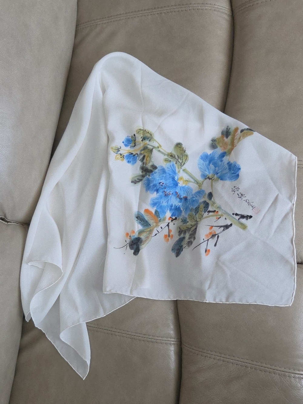 Elegant White Square Silk Scarf With Blue Floral With Chinese Calligraphy